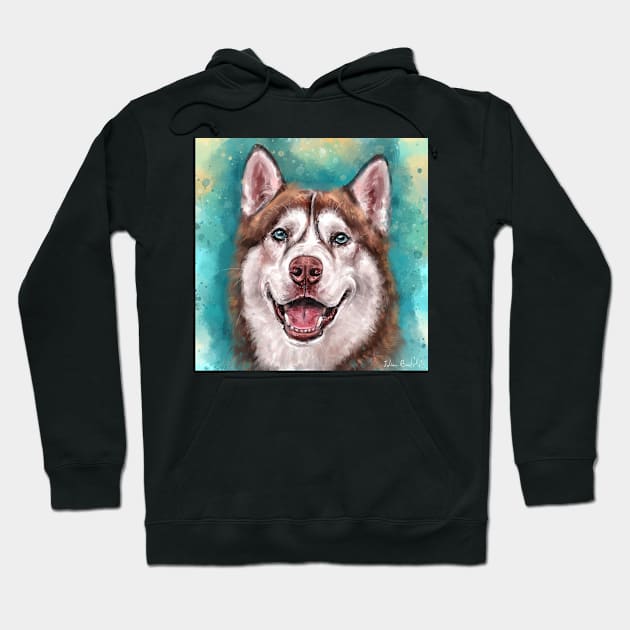 Brown and White Siberian Husky Smiling on Blue background Hoodie by ibadishi